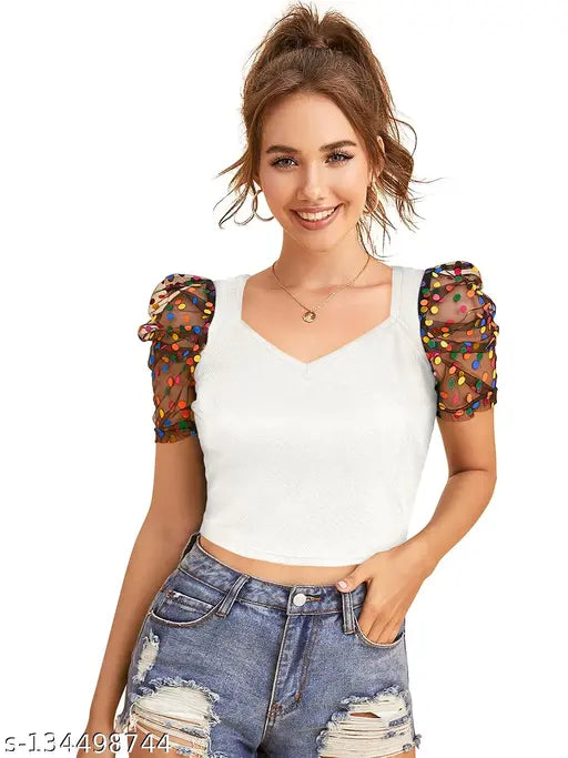 White Short Sleeve Solid Crop Top For Girls & Women's